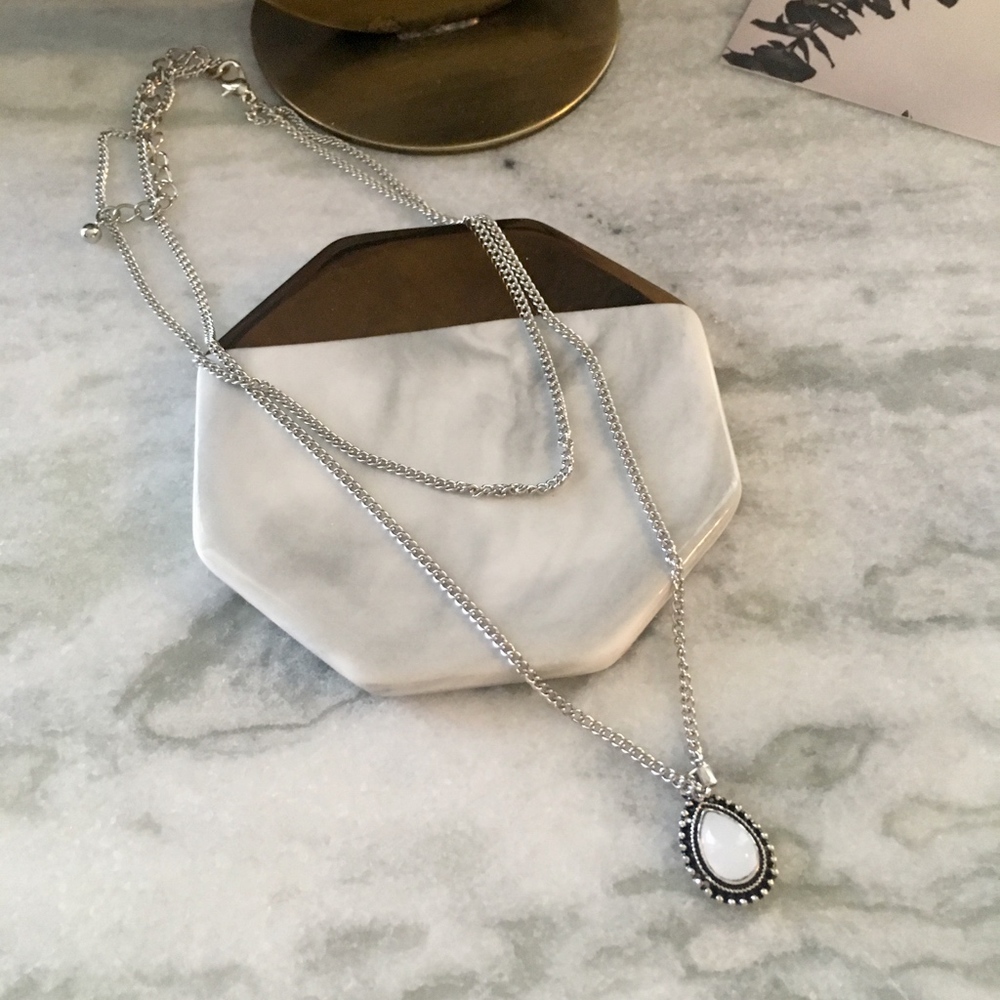 Water Drop Bead Double Chain Silver Necklace - Picture 2 of 8